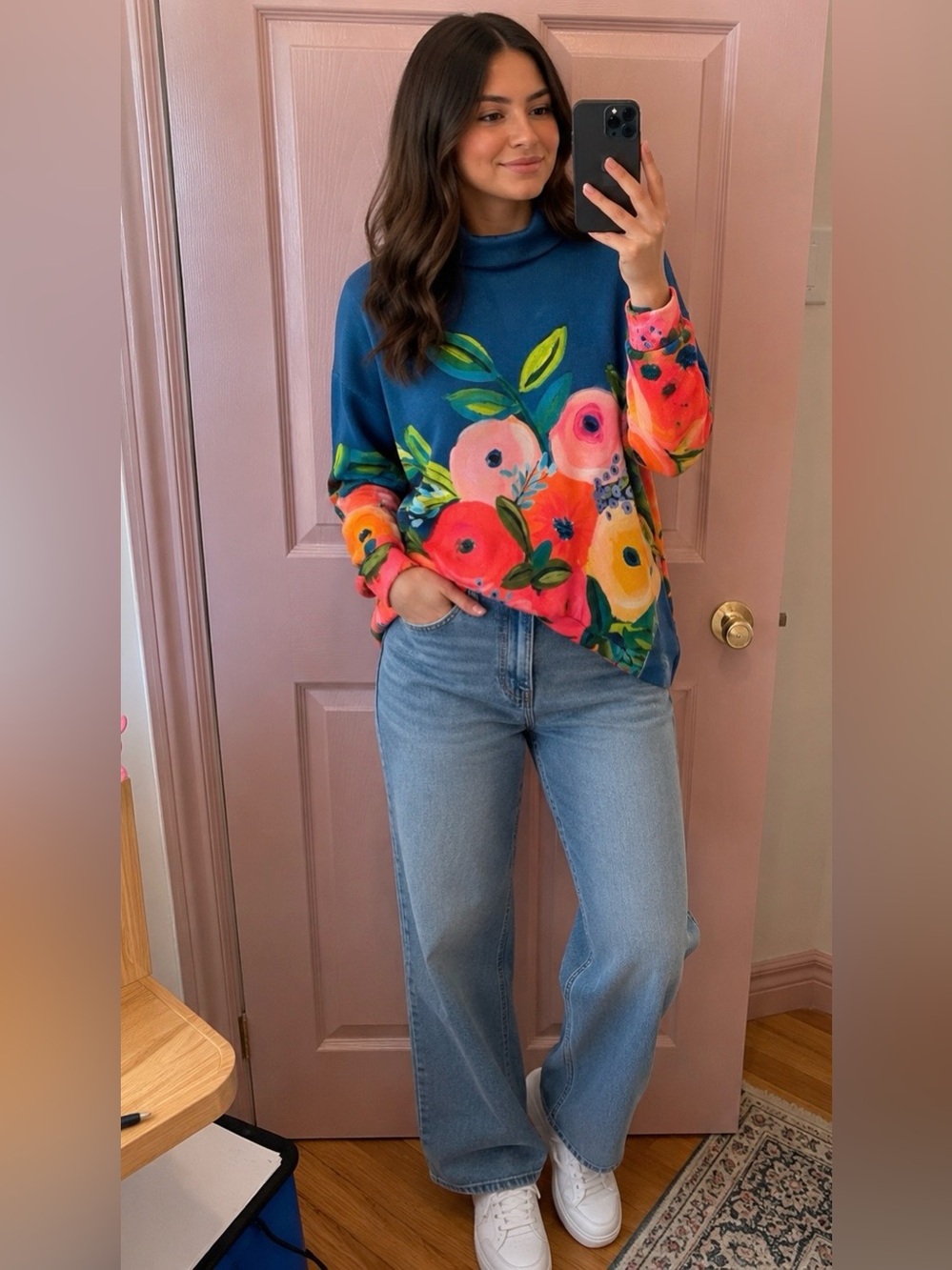 Floral Turtleneck Sweater in Teal with Bright Floral Print